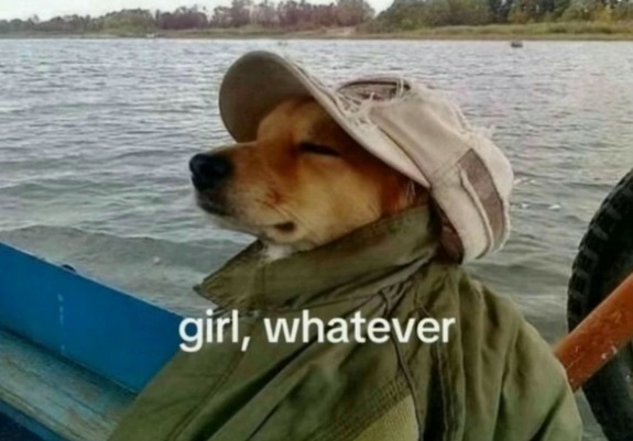 Dog in a trench coat and cap. "Girl, whatever."