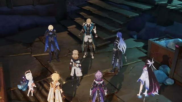 People in a meeting. Members are Dainsleif, Varka, Flins, Albedo, Paimon, Traveler, Durin, and Columbina.