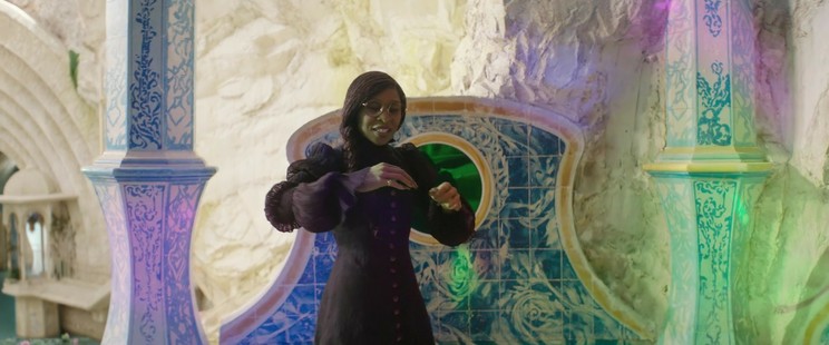 Elphaba's green skin fading into a more "normal" color when pink light shines on her as she sings about the Wizard degreenifying her.