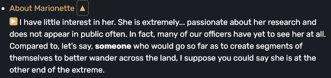 Arlecchino About Marionette: "I have little interest in her. She is extremely… passionate about her research and does not appear in public often. In fact, many of our officers have yet to see her at all. Compared to, let's say, someone who would go so far as to create segments of themselves to better wander across the land, I suppose you could say she is at the other end of the extreme."