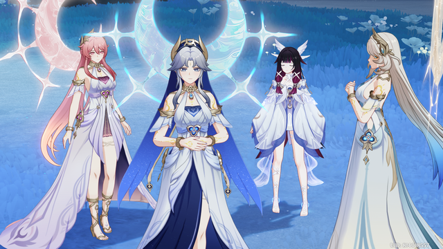 The four Moon Sisters, from left to right: Sonnet, Canon, Columbina Hyposelenia, and Aria.