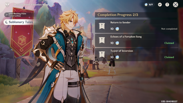 From Genshin Impact. Varka in the Favonius Keep. Quests "Echoes of a Forsaken Song" and "Tower of Inversion" are both marked claimed, with quest "Return to Sender" marked not completed.