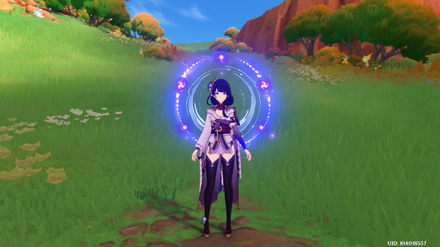 Raiden Shogun, face front, with her Chakra Desiderata fully activated, and Columbina's moon glow acting as its inner circle.