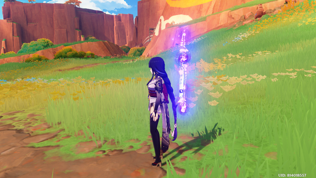 Raiden Shogun with her Chakra Desiderata and Columbina's moon glow activated, viewed from the side.