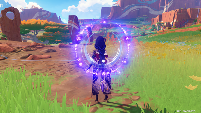 Raiden Shogun with her Chakra Desiderata and Columbina's moon glow activated, viewed from the back.