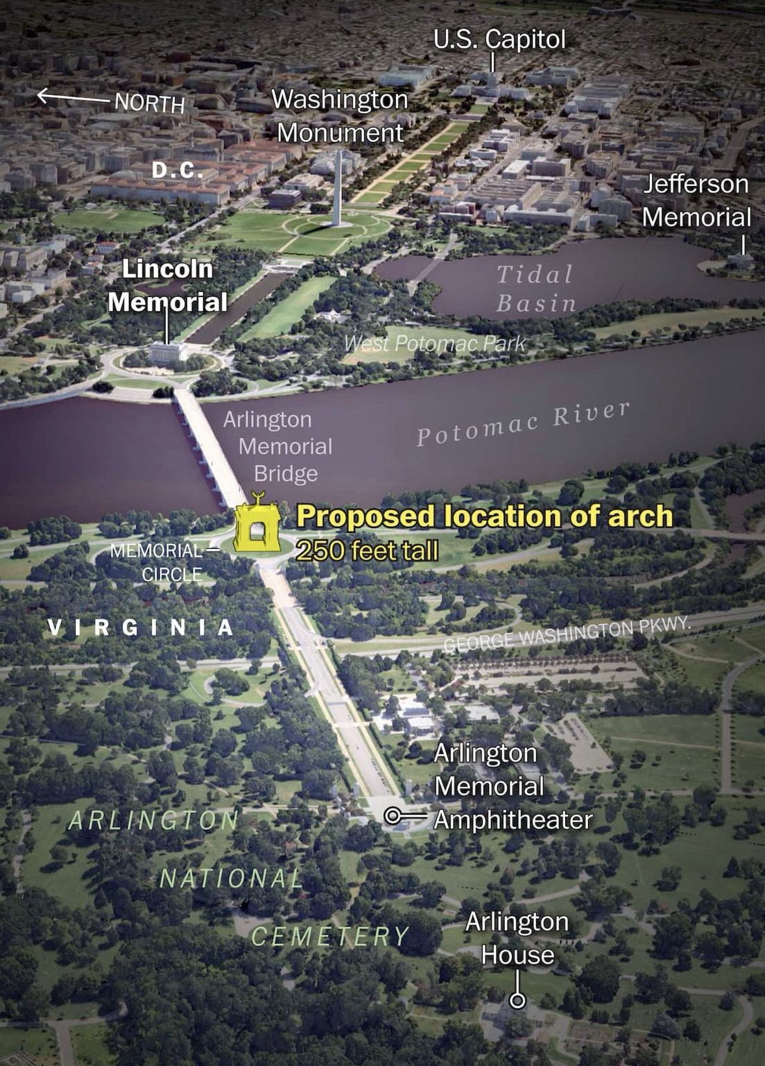 Proposed location of arch to scale on map