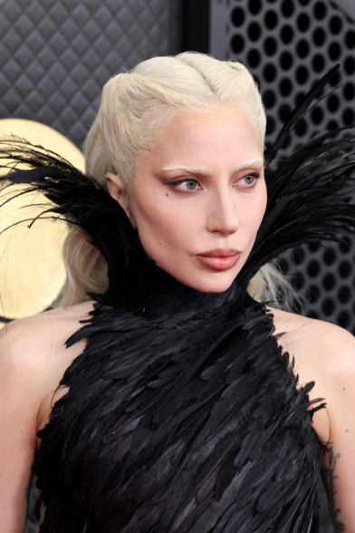 A close-up captures Lady Gaga’s striking beauty look at the 2026 Grammys, featuring bleached eyebrows and icy platinum blonde hair styled in textured, braided sections. Her avant-garde appearance is framed by the high, structured collar of her gown, which is adorned with layers of dramatic black feathers.