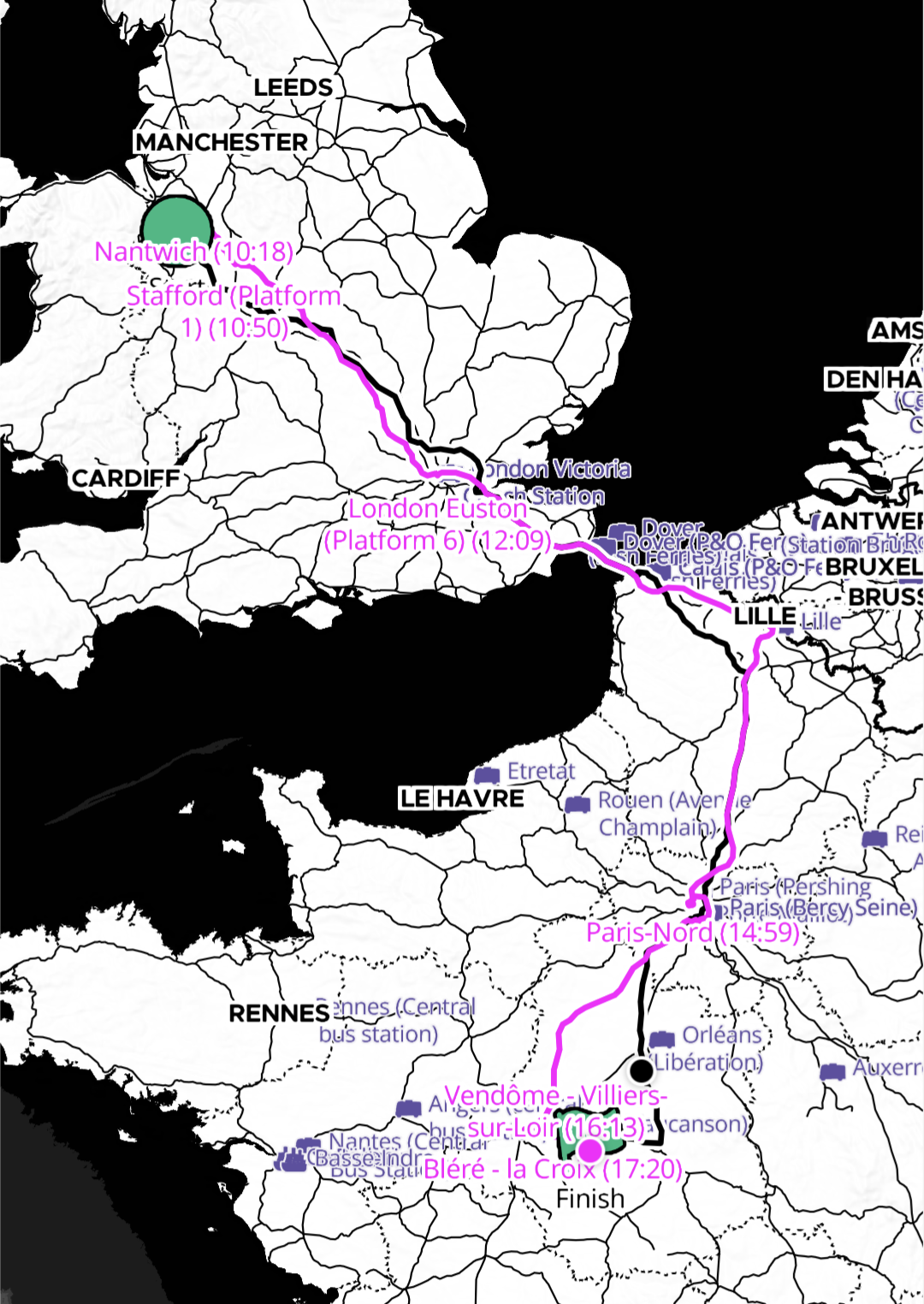 a screenshot of fahrtle showing the route i took between a village near crewe and a village near tours

driving gave a slightly more direct route but had no chance against 300km/h railways