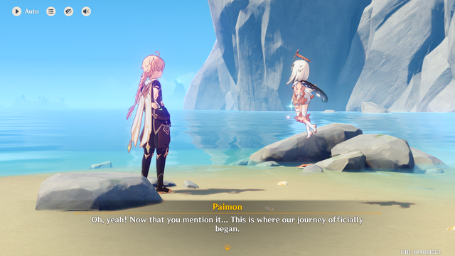 From Genshin Impact's latest in-game event, "Homeward, He Who Caught The Wind". Traveler and Paimon are seen on a beach east of Mondstadt. Paimon says, "Oh, yeah! Now that you mention it... This is where our journey officially began."