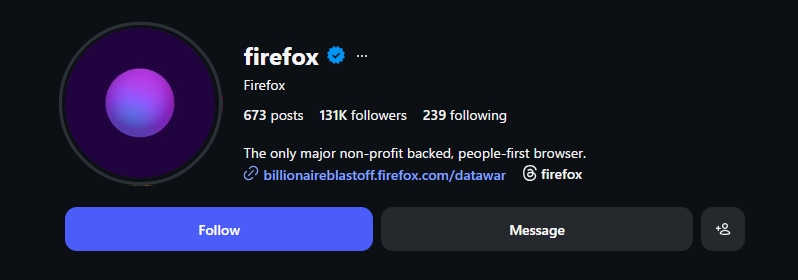Firefox's Instagram profile picture, now just a circle with magenta-to-blue radial gradient superimposed on a dark purple background.