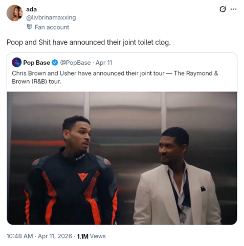 Tweet by @PopBase: "Chris Brown and Usher have announced their joint tour — The Raymond & Brown (R&B) tour."

@livbrinamaxxing quote tweets: "Poop and Shit have announced their joint toilet clog."