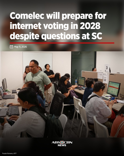 News headline from ABS-CBN News: "Comelec will prepare for internet voting in 2028 despite questions at SC." (May 11, 2026)