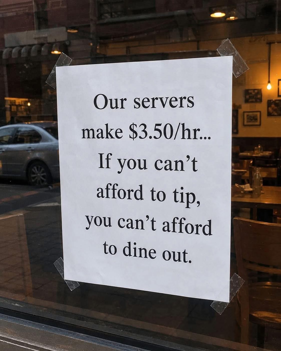 Sign in Restaurant window: 

"Our servers make $3.50/hr...
If you can't afford to tip, you can't afford to dine out"