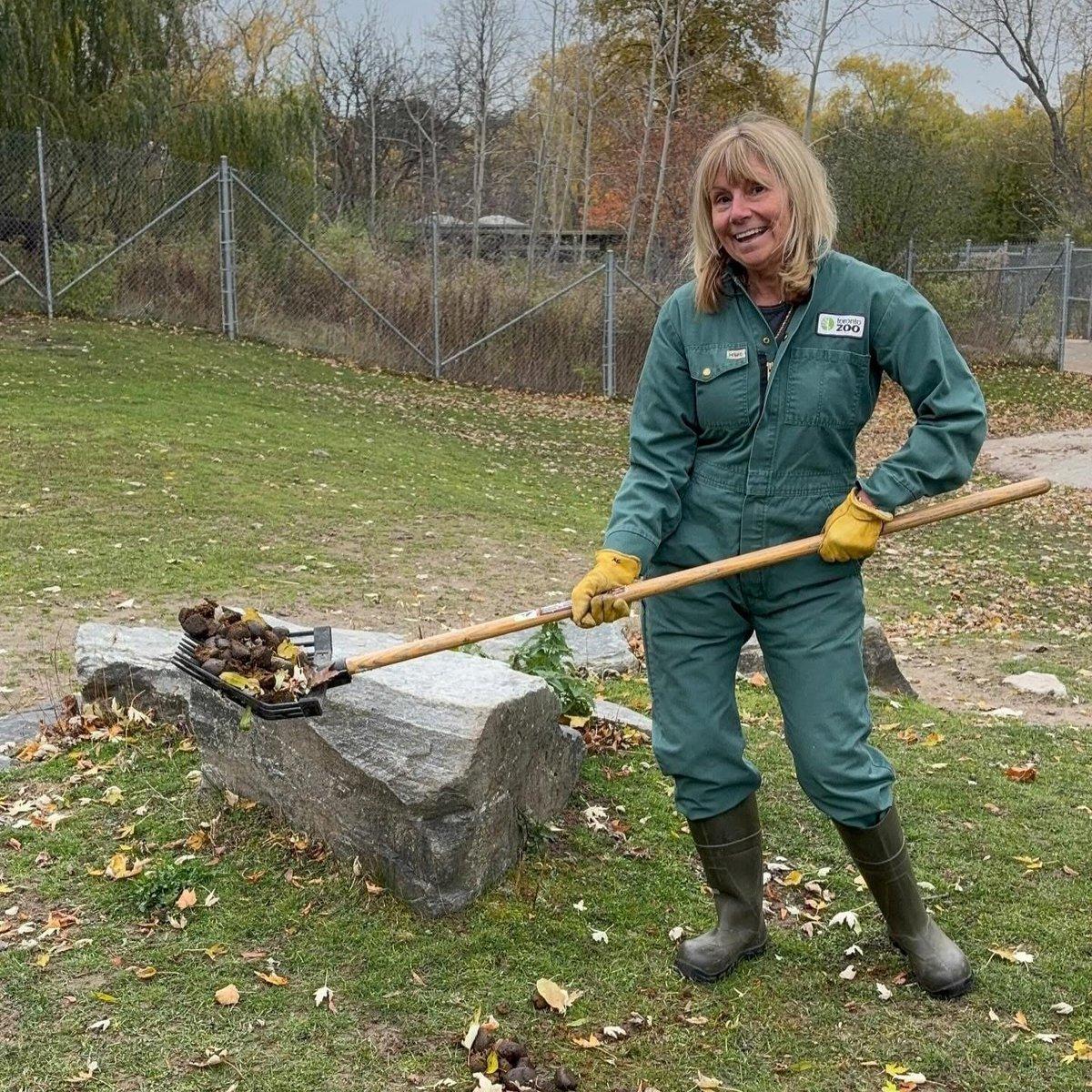 In the image, a woman is standing in a grassy area, wearing a green jumpsuit and rubber boots. She is holding a broom and appears to be sweeping the ground, which has fallen leaves and possibly animal manure. The woman is smiling, giving a sense of a happy and content demeanor. The setting suggests a natural environment where the woman is likely engaged in her work.