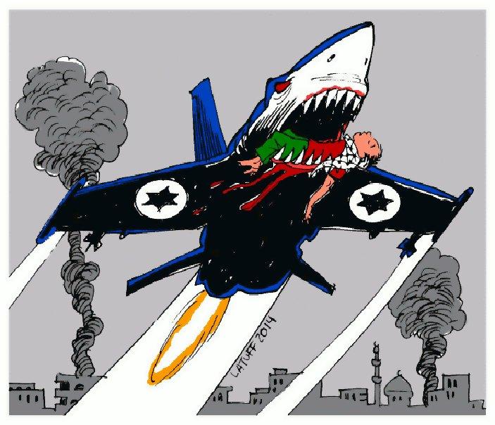 Drawing by Carlos latuff of an Israeli plane with a shark mouth, Carrying a Palestinian boy in his mouth, that he hunted, while flying away from a bombed out Palestinian city