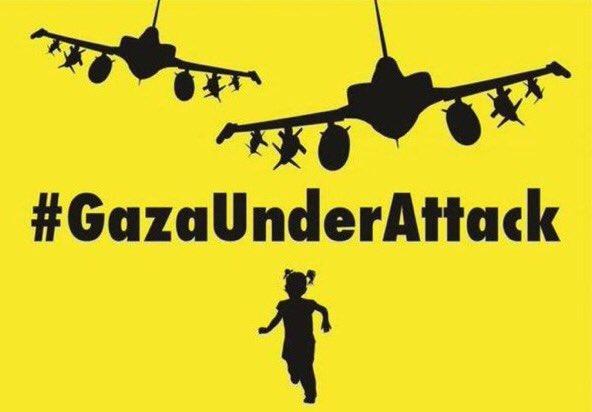 Yellow background and in black there is a drawing of 2 Israeli attack jets and a young girl running

#GazaUnderAttack