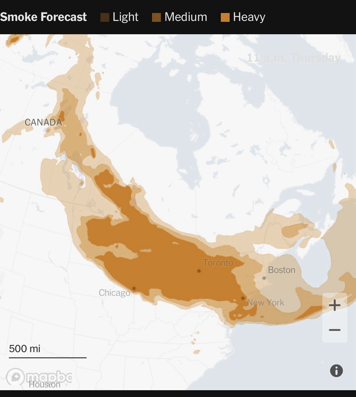 Map of wildfire smoke affected areas of North America