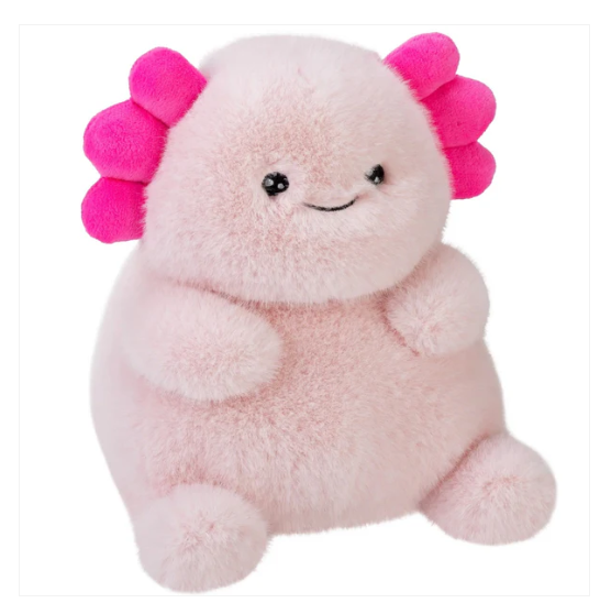 The image shows a stuffed toy animal with pink and gray fur. The animal is sitting upright, with a pink stem protruding from its head, giving it a playful and cute appearance. The animal is facing the viewer, giving a clear view of its details. The toy is in good condition and appears to be in excellent condition.