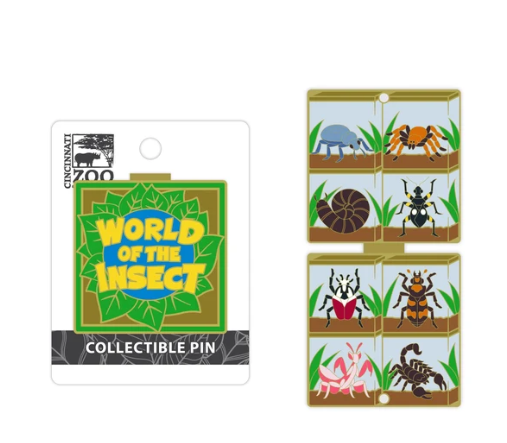 The image features a World of the Insect pin set, containing seven distinct insect illustrations. The pin itself is displayed on the left side, encased in a white board and secured with a magnet. Next to it is a label, also white, but with black text that reads "Collectible Pin". The insects on display are arranged in a square arrangement on the board, each one clearly visible and detailed. The background of the image is a clean white, providing a contrasting backdrop to the pin and label. The overall composition of the image highlights the pin and label together with the detailed illustrations of the seven insects.