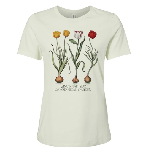 In the image, a woman is wearing a light beige t-shirt that features a unique graphic design. The design is a three-part illustration of different colored tulips, arranged in a row on the front of the shirt. The first tulip is a solid red color, followed by a yellow one, and the third tulip is a pure white. These tulips are surrounded by green leaves, adding a touch of nature to the overall design. The t-shirt also includes a text that reads "Cincinnati Zoo & Cincinnati Botanical Garden", indicating a connection to these two locations.