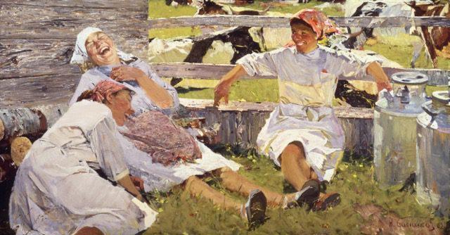 “Milkmaids, Novella” by Nikolai Nikolaevich Baskakov, 1962. Three women wearing plain white dresses and headscarves, sitting in the grass next to two large milk cans and laughing. Digital image courtesy of The Museum of Russia Art, https://tmora.org