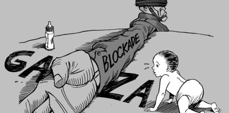 Black and white drawing of a soldier extending his huge arm that says blockade on the sleeve, blocking land (between a baby and a milk bottle) that says Gaza on it

By Carlos Latuff
